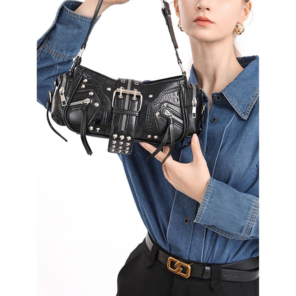 2935 Retro PU Leather Underarm Bags Y2k Buckle Shoulder Bag Punk Handbag - Picture 2 of 7